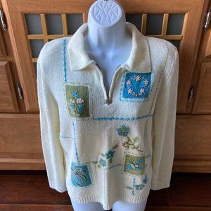 Alfred Dunner Vintage  Coastal Grandma Embroidered Sweater Petite Large